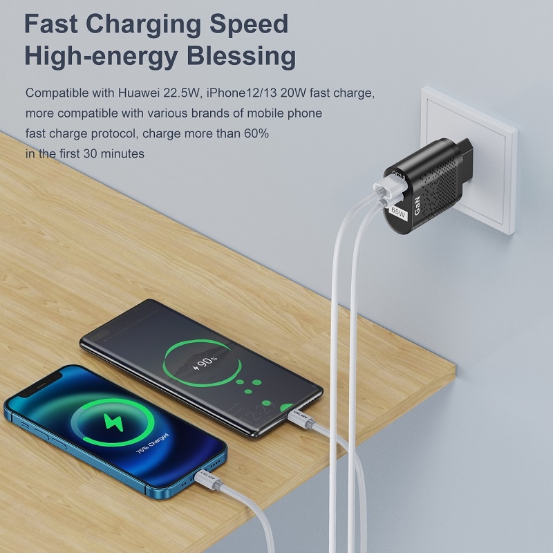 European travel Fast Charging Adapter USB+Type-C 65W GaN Mobile Phone Charger PD Fast Charge Computer Adapter, Color: White - Image 3